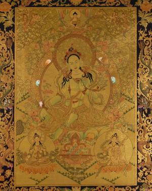 24k Full Gold Style Green Tara Thangka | Tibetan Buddhist Wall Hanging Healing Art